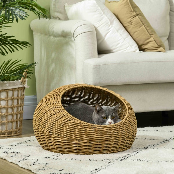 PawHut Rattan Katzenkorb, Ø50 x 31H cm, PE-Rattan, Polyester, Braun