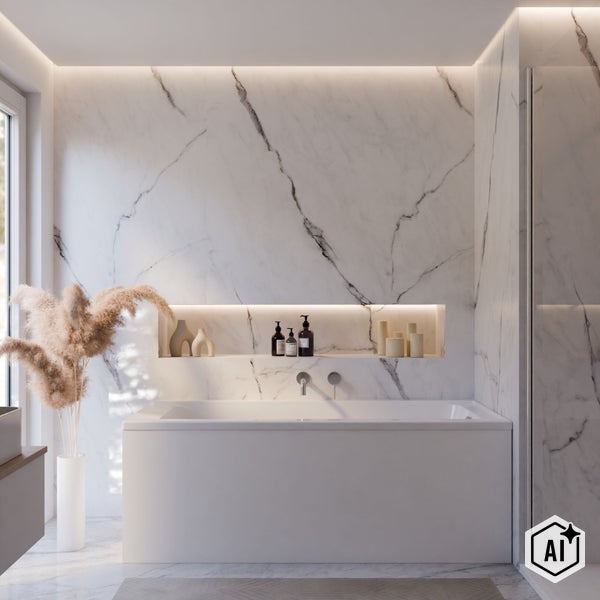 Modernes Badezimmer mit weißer Badewanne, Wänden in Marmoroptik und einer beleuchteten Wandnische als Ablagefläche für Pflegeprodukte und Deko.