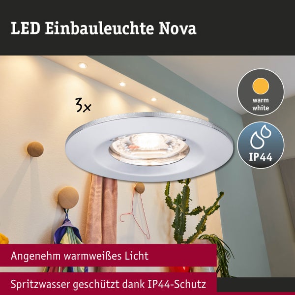LED Einbauleuchte Nova im 3er-Set, rund, warmweißes Licht, IP44 Spritzwasserschutz, geeignet für die Deckenmontage.