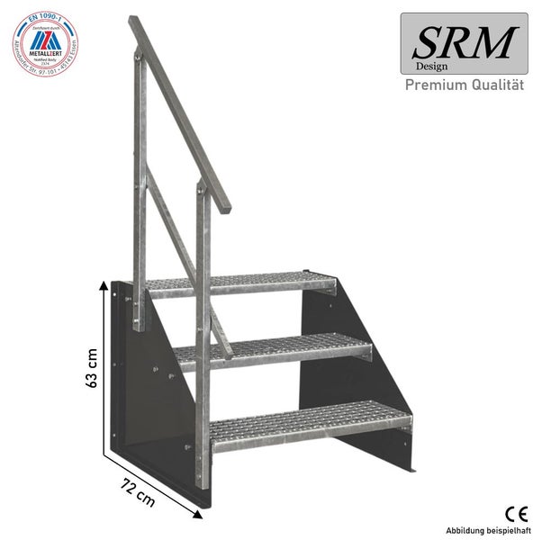 SRM Design Metalltreppe, 3 Gitterroststufen, Handlauf, Seitenwangen. Höhe 63 Zentimeter, Breite 72 Zentimeter. Zertifizierung EN 1090-1.
