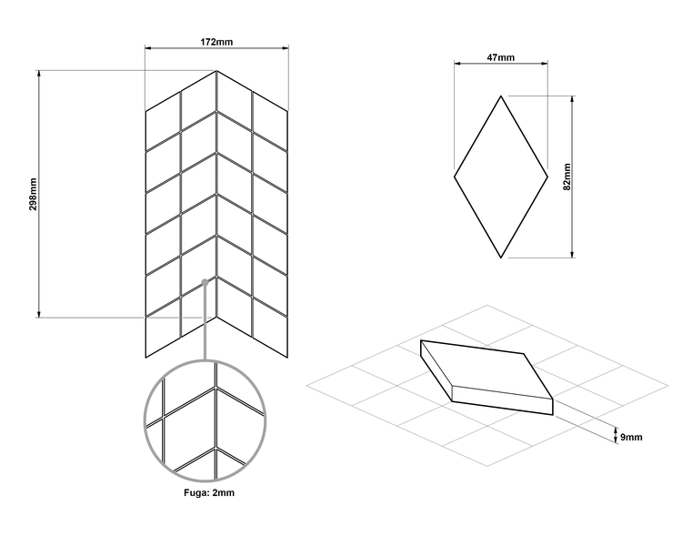 Technische Zeichnung Rauten-Mosaikfliese: Bogen 172 mal 298 Millimeter, Teil 47 mal 82 Millimeter, Stärke 9 Millimeter, Fuge 2 Millimeter.