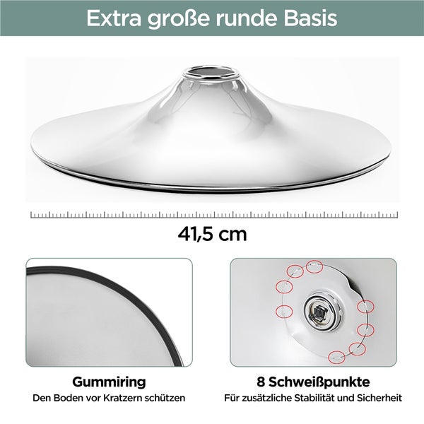 Große, runde Möbelbasis mit einem Durchmesser von 41,5 cm, Gummiring zum Schutz des Bodens und acht Schweißpunkte für Stabilität.