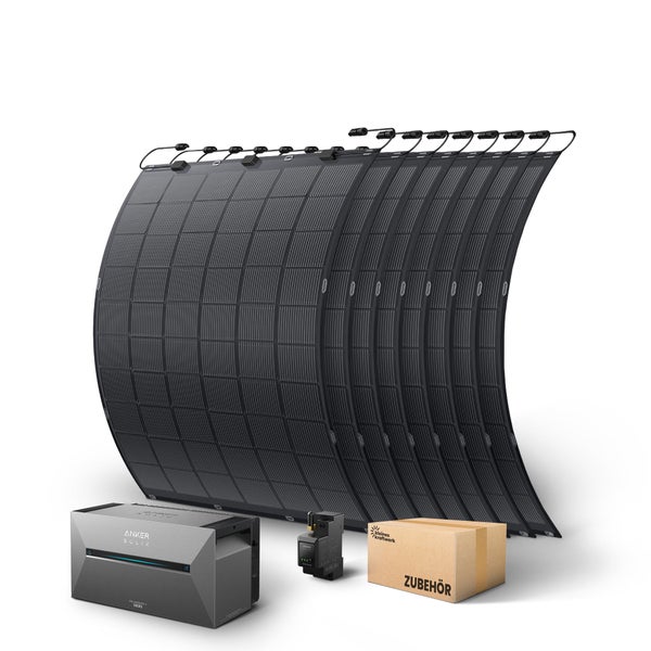 Balkonkraftwerk-Set mit mehreren flexiblen Solarmodulen, Anker Solix Solarbank Speicher, Smart Meter und Zubehörbox.