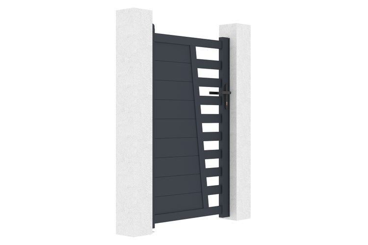Modernes Gartentor in Anthrazit aus Aluminium mit blickdichten Paneelen und offenen Querstreben, montiert zwischen zwei Pfeilern.