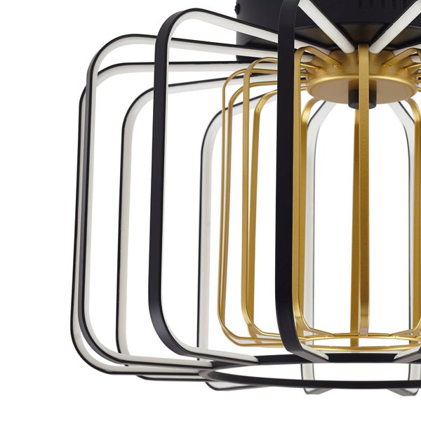 Moderne LED-Deckenleuchte im Käfig-Design mit rechteckigen schwarzen und goldfarbenen Metallrahmen.
