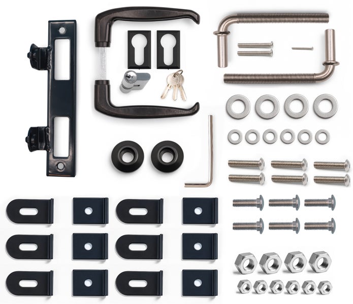Kompletter Satz für Gartentore mit Schloss, Griffen, Schrauben und Zubehör.