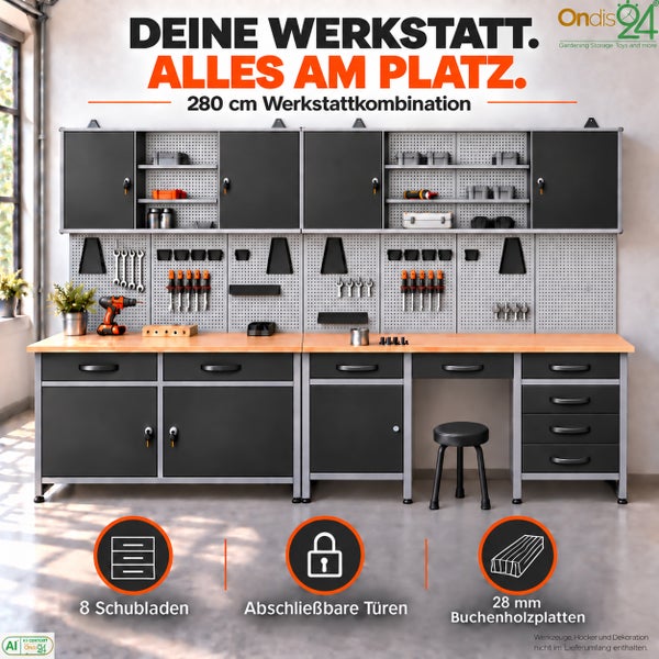 280 cm Werkstattkombination mit Schränken, Schubladen, Lochwänden und Arbeitsplatte aus Buchenholz für die Werkstattorganisation.