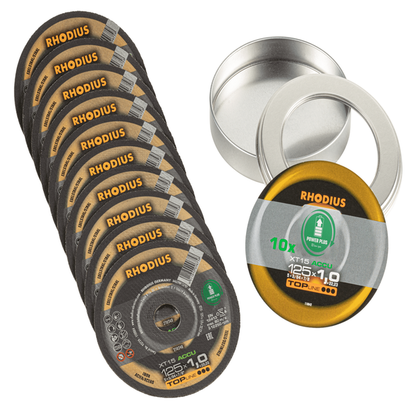 RHODIUS Trennscheibe XT15 ACCU, 10 Stück, 125 x 1,0 x 22,23 mm für Edelstahl, Stahl, Metall, TOPline