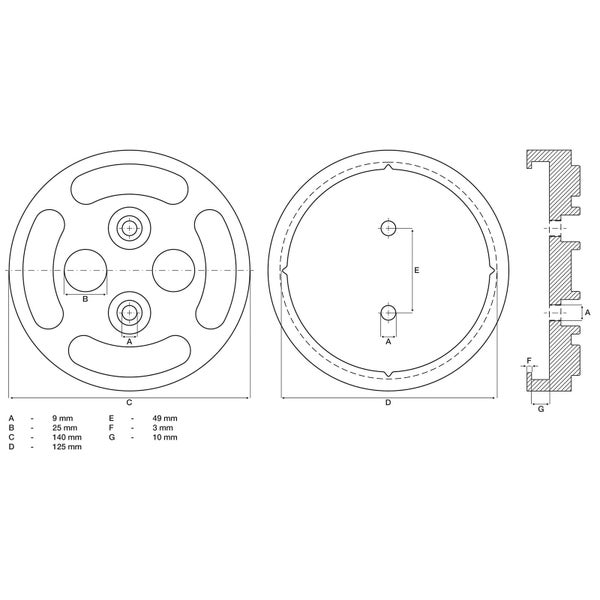 Technische Zeichnung eines runden Bauteils mit Bemaßung: Durchmesser 140 Millimeter und 125 Millimeter, Lochabstände und Materialstärken.