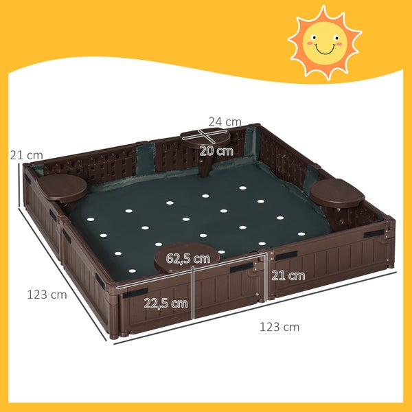 Sandkasten aus Kunststoff mit den Maßen 123 x 123 x 21 Zentimeter