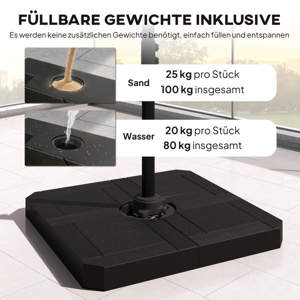 Großer grauer Ampelschirm über einer hellen Essgruppe aus Holz auf einer organisierten Holzterrasse mit Blick in den Garten.