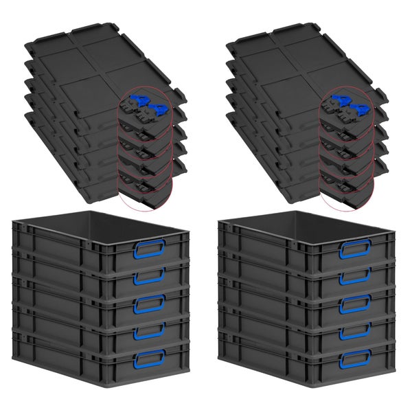 PROREGAL SuperSparSet 10x Eurobox NextGen Color mit Scharnierdeckel und Schiebeschnappverschlüssen, HxBxT 12x40x60cm, 23 Liter, Schwarz, Griffe blau geschlossen, Eurobehälter, Transportbox, Transportbehälter, Stapelbehälter