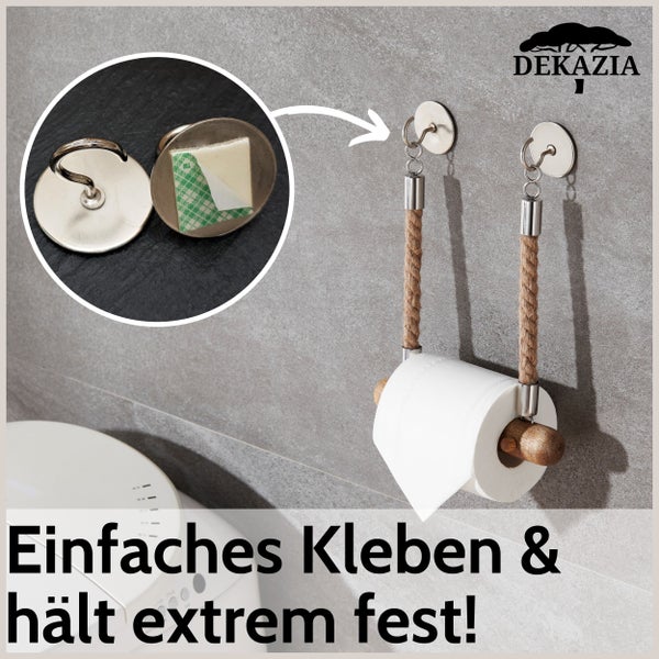 DEKAZIA® Toilettenpapierhalter Seil | Mango Holz | Klopapierhalter für WC/Badezimmer | 100%-fest durch Bohren oder Kleben | Vintage Dekoration | Jute Klorollenhalter | WC Rollenhalter