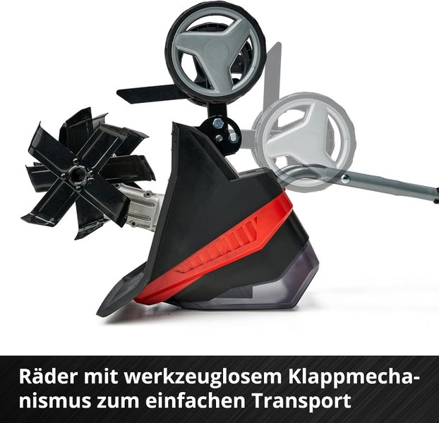 Motorhacke mit werkzeuglosem Klappmechanismus der Transporträder für einfachen Transport.
