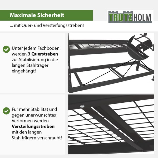 Detailansicht eines Stahlregals mit Querverstrebungen zur Stabilisierung