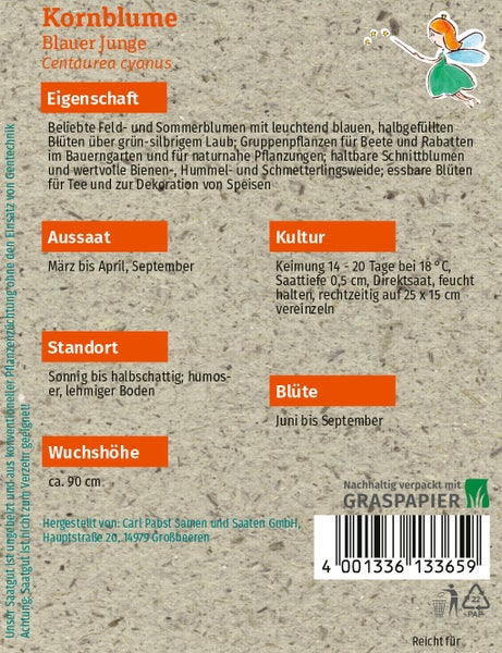 Rückseite der Samentüte für Kornblumen Blauer Junge mit Informationen zu Aussaat, Standort, Wuchshöhe, Kultur und Blütezeit auf Graspapier.