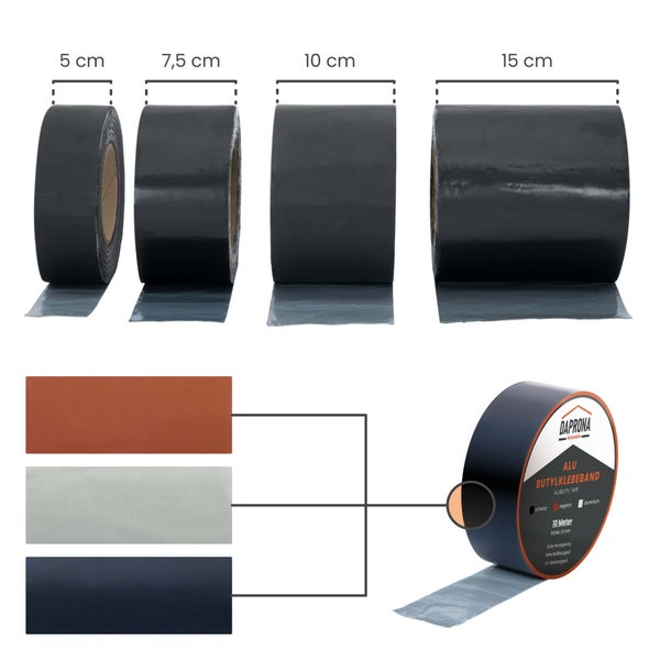 Daprona Alu Butylklebeband in den Breiten 5 Zentimeter, 7,5 Zentimeter, 10 Zentimeter und 15 Zentimeter zur Abdichtung.