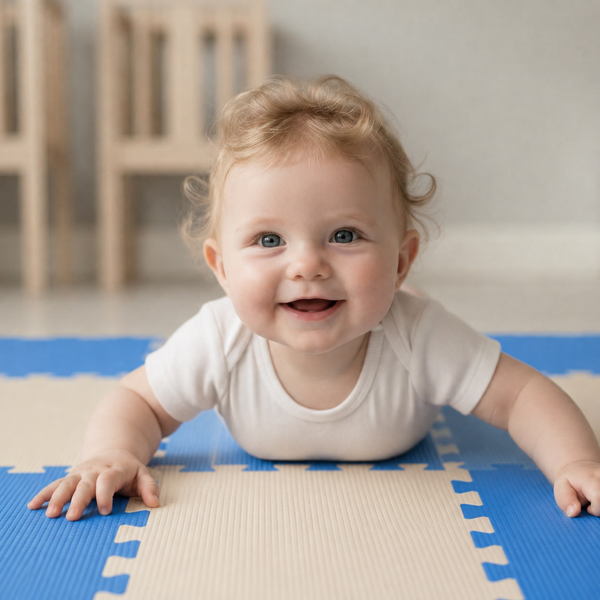 Ein lächelndes Baby liegt auf einer Puzzlematte aus Schaumstoff für den Boden.