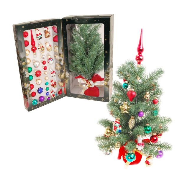 Mini Weihnachtsbaum 45cm - mit Kugeln , Figuren und Spitze - 50 Teile - inkl. Kugelaufhänger, 40 Stck., Weihnachtsbaumkugeln, Christbaumschmuck, Weihnachtsbaumanhänger