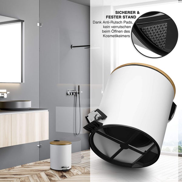VMbathrooms 5L Kosmetikeimer in edlem weißem Design | Tretmülleimer mit Absenkautomatik (Soft Close) | Eleganter Eimer fürs Bad mit Innenbehälter und Bambus-Holzdeckel