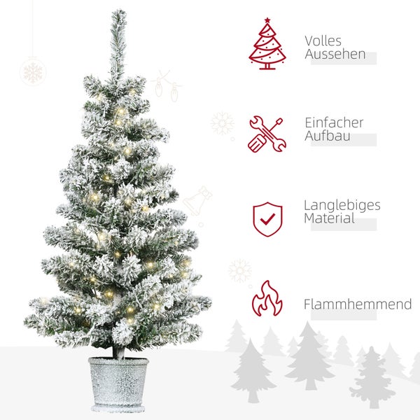 Künstlicher Weihnachtsbaum im Topf, schneebedeckt mit Beleuchtung. Merkmale: volles Aussehen, einfacher Aufbau, langlebig, flammhemmend.