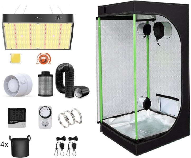 JUNG Growbox Komplettset Anbau Set mit LED Vollspektrum Grow Lampe Dimmbar, 140x140x200 cm, mit Ventilator, Abluft Aktivkohlefilter, Growzelt Anzucht Gewächshaus, Grow Tent Complete Set