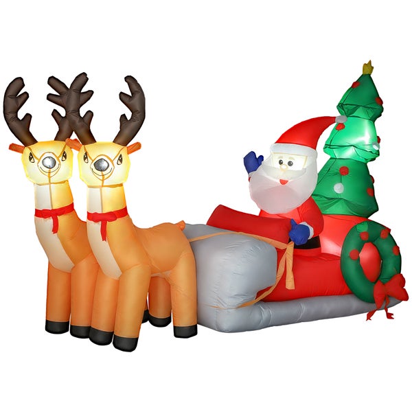 Aufblasbare Weihnachtsdekoration mit Weihnachtsmann im Schlitten, zwei Rentieren und einem Weihnachtsbaum, beleuchtet.