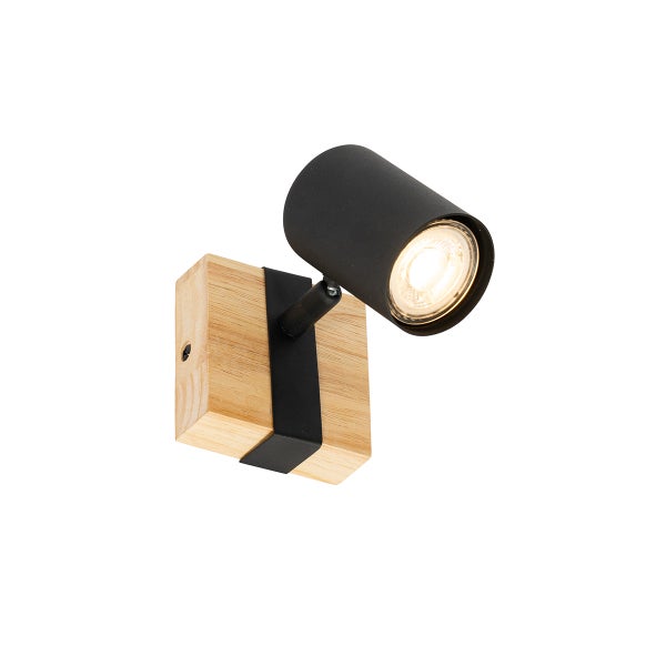 Wandleuchte aus Holz und Metall in Kombination mit einem verstellbaren Spotkopf