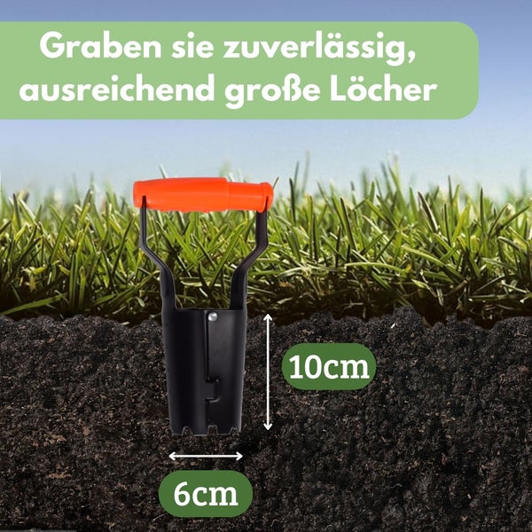 Blumenzwiebelpflanzer mit orangefarbenem Griff für zuverlässiges Graben ausreichend großer Löcher mit den Maßen 6 x 10 cm