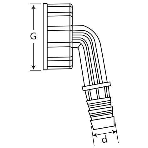 Technische Zeichnung einer Winkel-Schlauchverschraubung mit Kennzeichnungen für Innengewinde G und Schlauchtülle d.