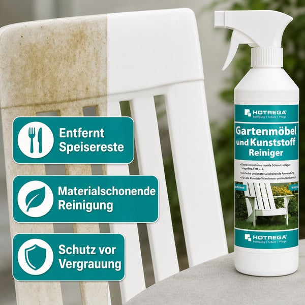 Hotrega Gartenmöbel und Kunststoff Reiniger Sprühflasche zur effektiven Reinigung von Gartenmöbeln mit Vorher Nachher Effekt auf Stuhllehne