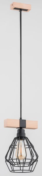 Moderne einflammige Pendelleuchte mit Holz-Element und Drahtkorb-Schirm