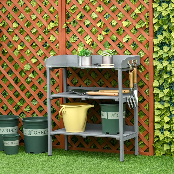 Outsunny Pflanztisch Gärtnertisch Blumentisch mit Metall Arbeitsfläche Garten Holz Grau 76 x 37 x 89 cm