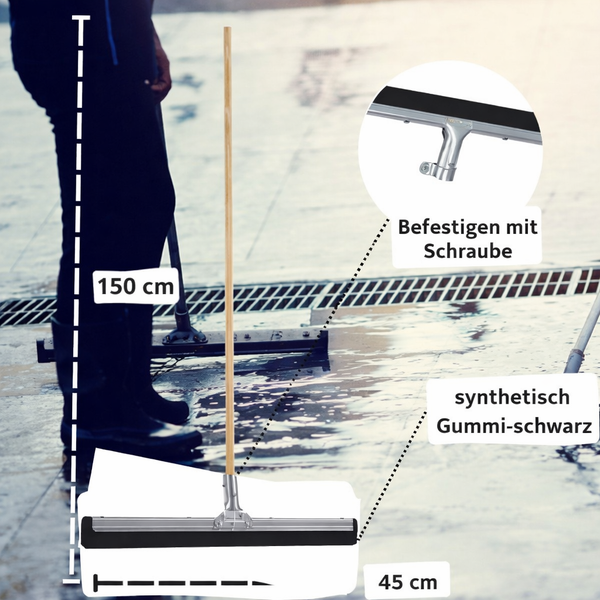 Bodenwischer mit Holzstiel, 150 Zentimeter hoch und 45 Zentimeter breit, mit schwarzem Gummiblatt