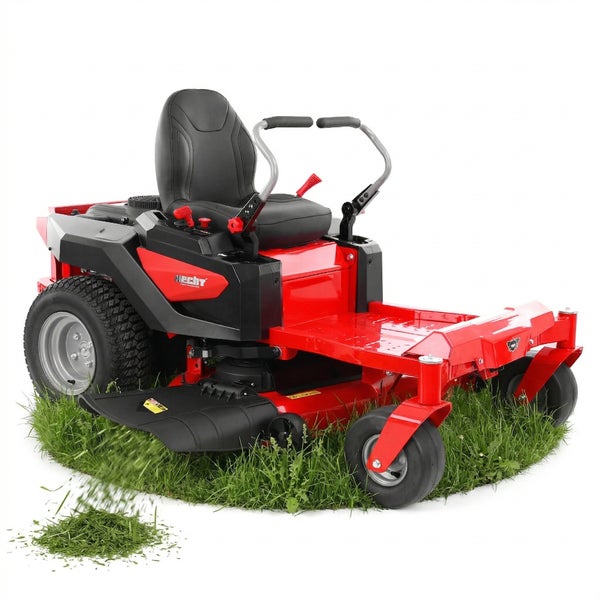 Roter Nullwendekreismäher mit strukturierter Fußplatte und zwei vorderen Schwenkrädern.