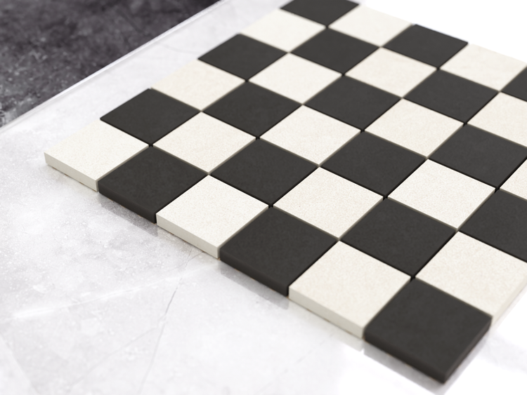 Quadratisches Mosaikfliesen-Netz im Schachbrettmuster aus Feinsteinzeug für Wand und Boden.