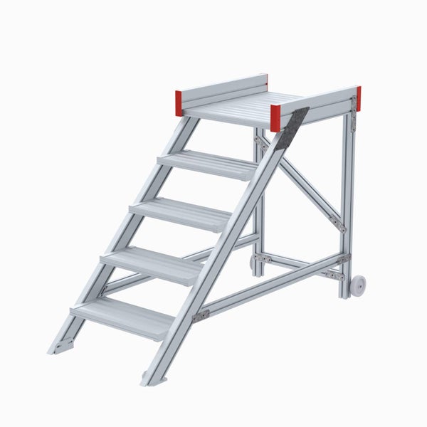 Mobile Arbeitsplattform aus Aluminium mit vier Stufen und einer Plattform, inklusive Rollen für den Transport und seitlichem Geländer.