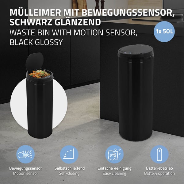 ML-Design Mülleimer mit Sensor 50L aus Edelstahl, Schwarz, Rund, automatisches Öffnen & Schließen, Abfalleimer berührungslos, Müllbehälter mit Bewegungssensor, LED-Anzeige, Klemmring, für Küche & Büro