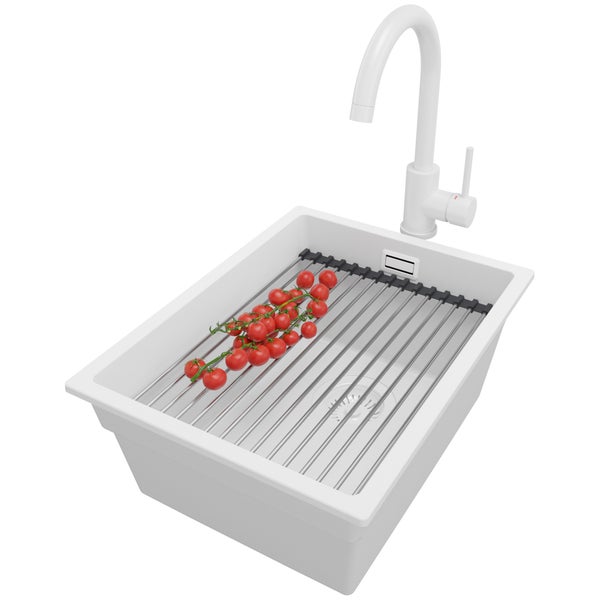 PRIMAGRAN Unterbauspüle Granit Alles Weiß 36x47cm, Spülbecken 1 Becken + Küchenarmatur 32x20cm + Ablauf-Set + Aufrollbare Abtropffläche, Granitspüle ab 40er Unterschrank - Praga