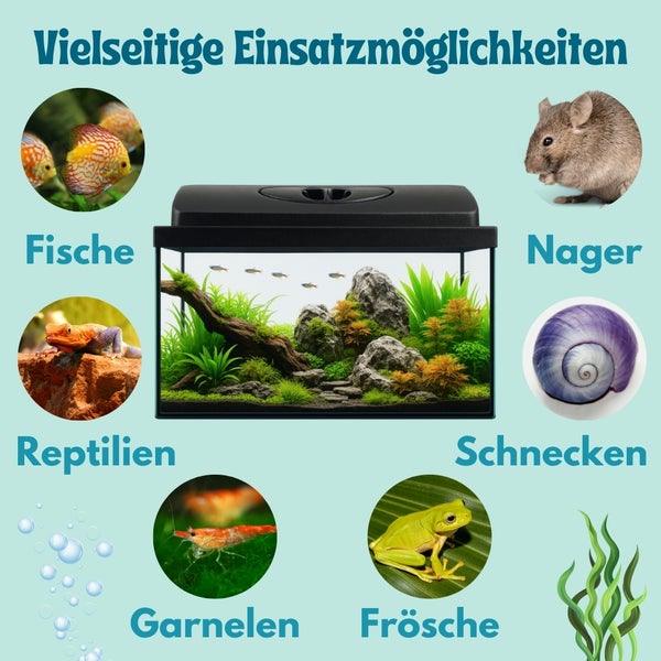 Vielseitige Einsatzmöglichkeiten für ein Aquarium mit Fischen, Nagern, Reptilien, Schnecken, Garnelen und Fröschen.