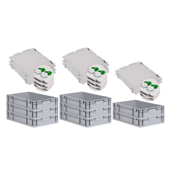 PROREGAL Spar Set 8x Eurobox Nextgen Economy Mit Scharnierdeckel & Grünen Schiebeschnappverschlüsse Griffe Geschlossen HxBxT 12 x 40 x 60 cm 23 Liter