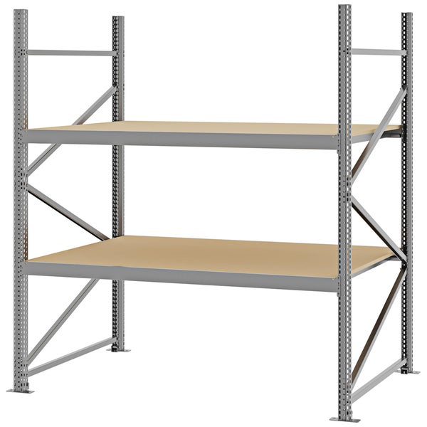 Schwerlastregal aus Metall mit zwei Ebenen und robusten Holzböden für Keller, Garage oder Werkstatt.