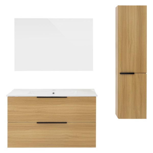 ML-Design Badmöbel-Set 4-teilig, Braun, Spiegel 90x60 cm, Unterschrank 89x45x52 cm, Waschbecken Waschtisch 91 cm Keramik, Hochschrank 30x25x120 cm, MDF, Badezimmermöbel, Badset, Badezimmer Möbel Set