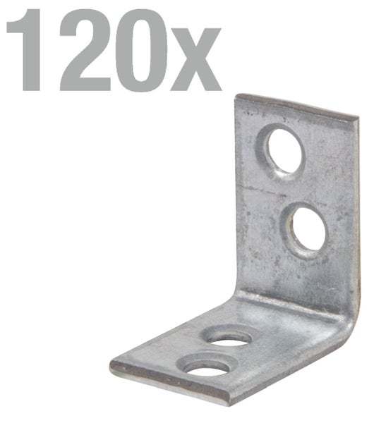 Winkelverbinder aus Metall mit vier Schraublöchern im 120 Stück Set zur stabilen Verbindung von Holzbauteilen.