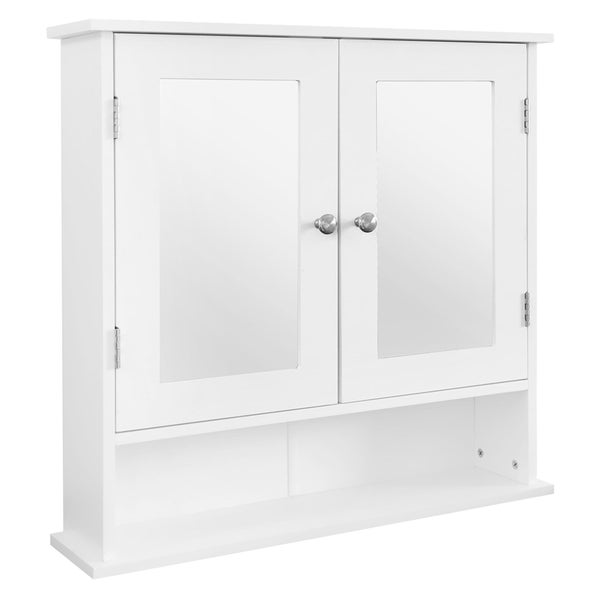 Weißer Spiegelschrank mit zwei Türen und offenem Fach