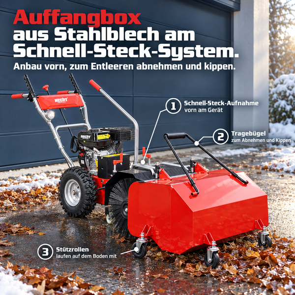 Hecht Kehrmaschine mit Auffangbox aus Stahlblech, mit Schnell-Steck-System, Tragebügel und Stützrollen für einfache Entleerung.