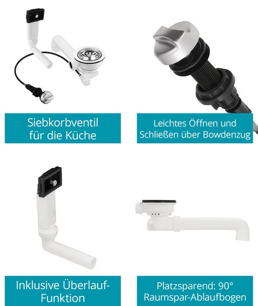 Calmwaters® Siebkorbventil für Küchenspülen | mit Bowdenzug und Überlauf | Gewinde unten in 1 1/2 | Raumsparablaufbogen | Ø 114 mm | Chrom | 31PM3125