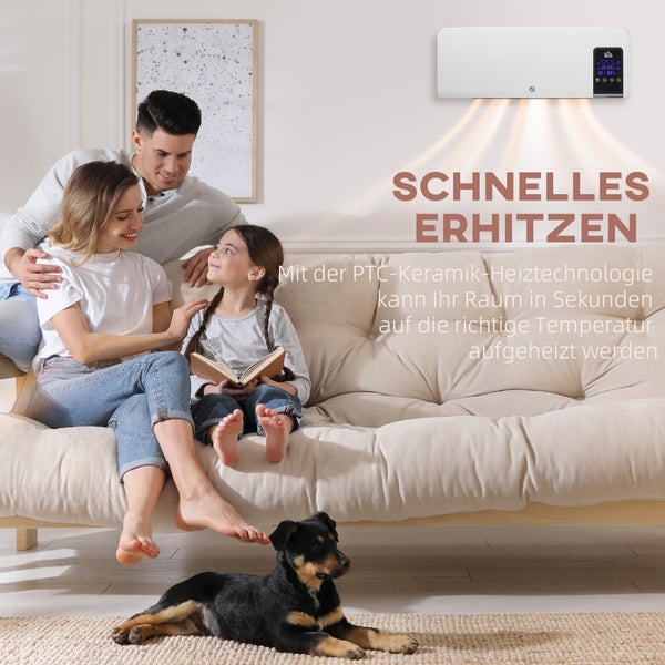 Familie sitzt auf Sofa in einem hellen Wohnzimmer mit einem wandmontierten PTC-Keramik-Heizgerät, das Wärme abstrahlt.