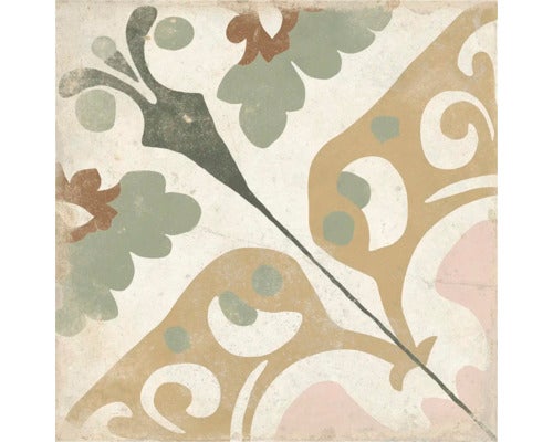 Quadratische Fliese mit ornamentalem Blumenmuster im Vintage Stil für Wand und Boden.
