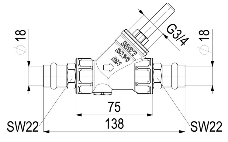 Technische Zeichnung eines Ventils mit Pressanschlüssen, Maße: Gesamtlänge 138 Millimeter, Anschlussdurchmesser 18 Millimeter, Gewinde G 3/4 Zoll.